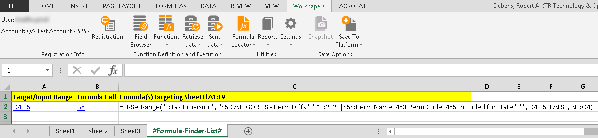 Screen capture showing the formula report worksheet.